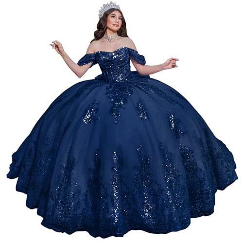 Mauuwy Sparkly Beaded Quinceanera Dresses Puffy Lace Glitter Applique 15 Dresses Off Shoulder XV Ball Gowns with Bow