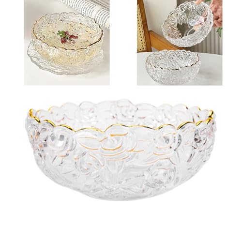 Boxonly Rose Embossed Glass Dessert Bowl and Plate Set – Gold Rim, Sophisticated 5.1"x2.2" / 13cmx5.5cm Bowl with Glacier Textured 5.5"x0.6" / 14cmx1.5cm Plate – Perfect for Desserts