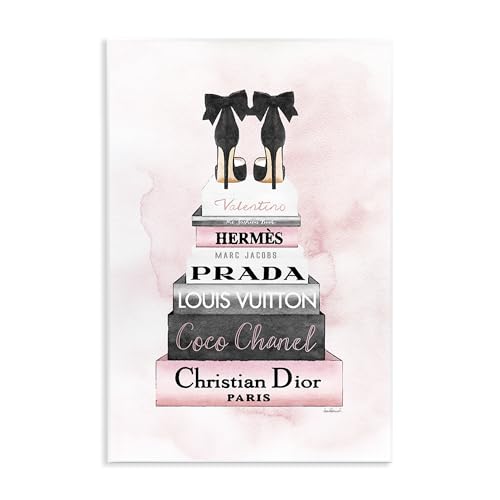 Stupell Industries Black Heels Pink Silver Bookstack Glam Fashion Design, Designed by Amanda Greenwood Art, 10x15, Wall Plaque