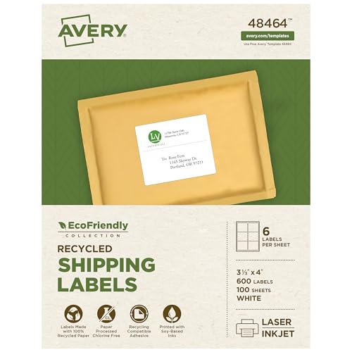 Image of Avery EcoFriendly Recycled Shipping Labels, 3-1 /3 inch x 4 inch, White, Permanent Label Adhesive, 600 Printable Labels (48464)