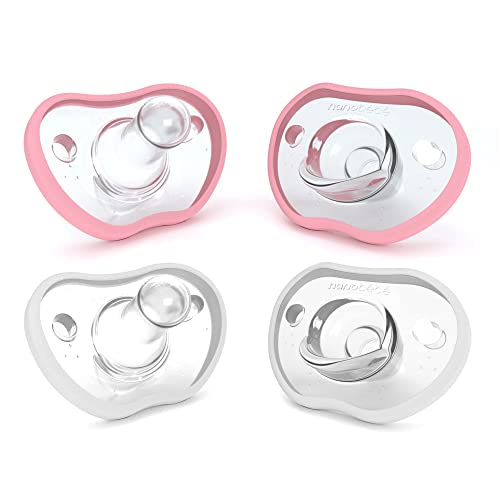 Image of Nanobebe Baby Pacifiers 3-6 Month - Orthodontic, Curves Comfortably with Face Contour, Award Winning for Breastfeeding Babies, 100% Silicone - BPA Free. Baby Registry Gift 4pk, Pink/White