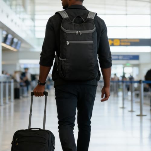 Mochila negra plegable ligera multi-bolsillos impermeable miniatura 3