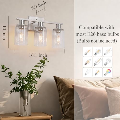 Image of Brushed Nickel Bathroom Light Fixtures Over Mirror,3-Light Bathroom Vanity Light with Clear Glass Shade,Modern Farmhouse Wall Sconces Lighting for Mirror Kitchen Living Room Cabinet