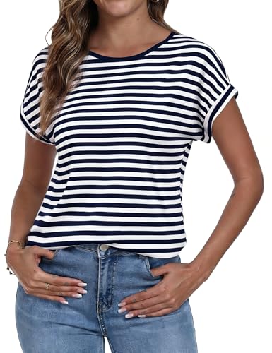 Camiseta Manga Corta Mujer Cuello Redondo Top Mujer a Rayas Camisetas Basicas Corte Holgado y Cómodo Blusa Casual de Verano Diseño Ligero y Transpirable Ideal para Uso Diario Azul Marino M