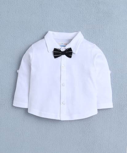 Image of BUMZEE Boys Regular Fit Full Sleeves Collar Neck Cotton Shirt Waistcoat Short Set with Applique Bow