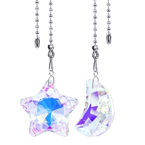 Image of 2 Pack Colorful Glass Moon and Star Ceiling Fan Pull Chain, Crystal Suncatcher Fan Lamp String Pulls Decorative Extension, 14 Inches Ball Chains Extender Ornament with Connector