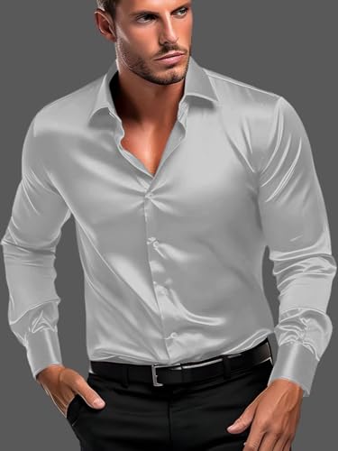 Image of IndoPrimo Men's Satin Shirt with Spread Collar Neck Line Solid Pattern Full Sleeves Regular Fit Western Style and Standard Length