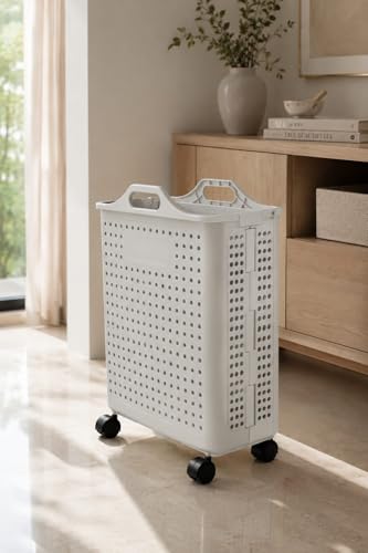 Image of Dillard's Plastic Laundry Hamper on Wheels, White, Foldable with Handles, Rolling, Modern, 30 Litres