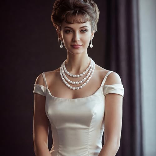 Image of Glenmal Pearl Rhinestone Jewelry Set for Women Pearl Necklace Bracelet Earrings for Wedding Halloween Bridal Shower Tea Party
