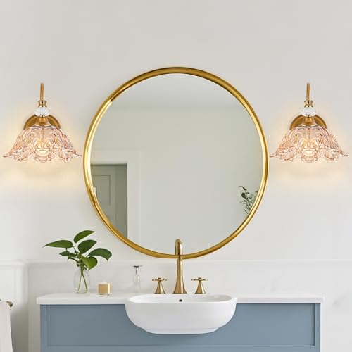 Image of 1 Piece Vintage Wall Sconce with Floral Amber Glass Shade, Matte Brass Finish Wall Sconce for Bathroom,Vintage Bathroom Vanity Light Fixture