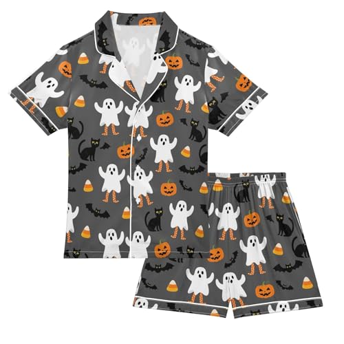 Satin Pajama Sets Short Sleeve Halloween Ghosts Pumpkins Cats Bats Button Down Silky Nightwear 2 Piece PJS 5-14Y