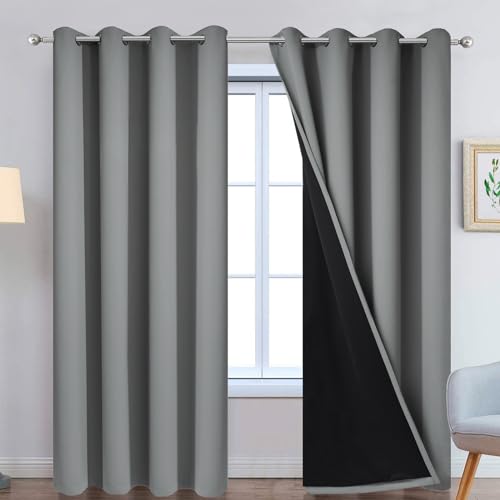 Image of Yakamok Grey Blackout Curtains 90 Inches Long for Bedroom 52 inch Wide 2 Pcs | Blackout Curtain Panels for Bedroom, 2 Thick Layers Grommet Top Thermal Insulated Drapes with Black Liner for Living Room