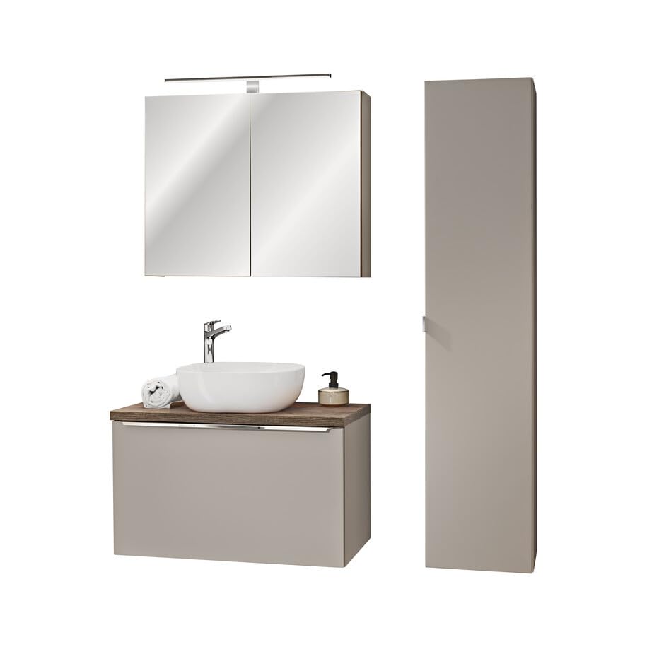 Deconation Ensemble Complet Salle De Bain - sous-Vasque Fermé 80cm + Vasque + Cabinet Miroir LED + Colonne - Taupe Et Chrome - Rosario