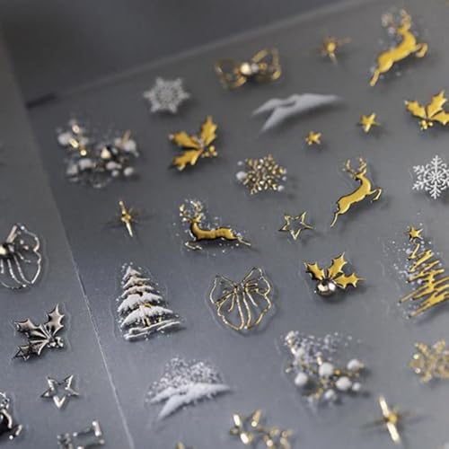 Image of 5D Embossed Gold Reindeer Nail Stickers Christmas Nail Art Stickers Snowflake Nails Decals Self Adhesive Holly Christmas Tree Nails Decals Rhinestone with Design for Women Manicure Supply