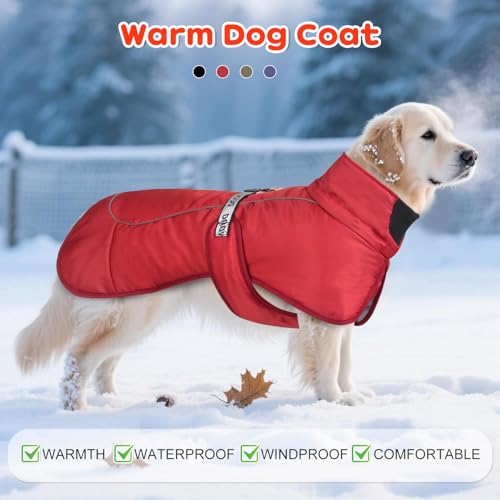 Ledeak Warme Hundemäntel, Warmer Winter Wasserdicht Hundejacke, Reflektierende Hundejacke mit Verstellbarem Verschluss, Outdoor hundemantel, Baumwolle Dog Coat für Mittelgroße Große Hund (Rot, 3XL)