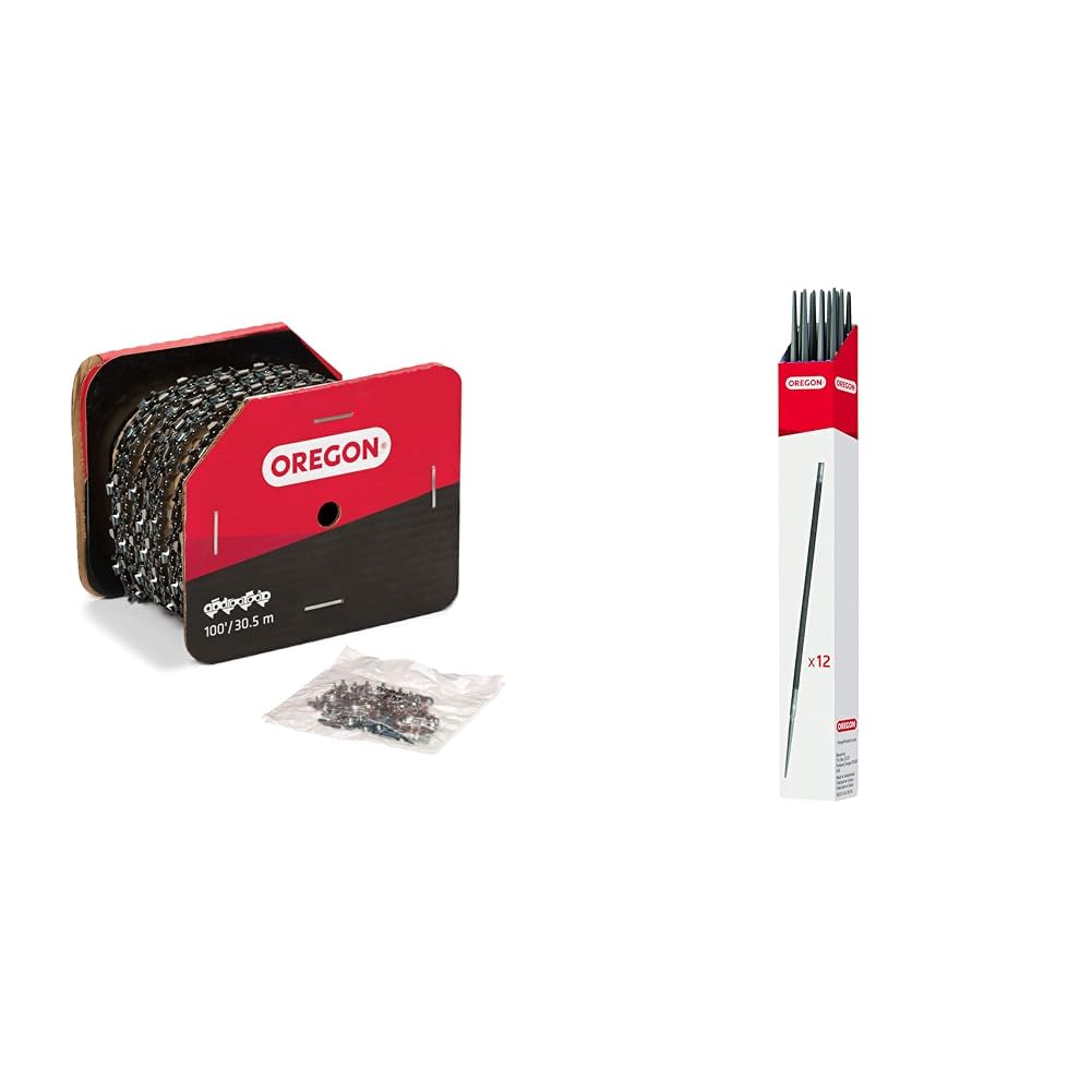 Oregon 72LPX100U 100-Foot Reel of Super 70 Chisel Chain, 3/8-Inch Pitch, .050" Gauge & " 12 Pack Chainsaw File Pack 7/32"" # 70502 Works On All Chainsaw Models With 3/8 And .404 Pitch Chains"