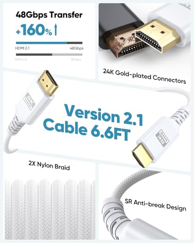 Image of 8K White HDMI Cable 6.6FT /2M, 48Gbps Ultra High Speed HDMI 2.1 Cable eARC Braided HDMI Cord with 8K@60Hz, 4K@120Hz, HDR10+, Dolby, 3D, HDCP2.3 for Laptop /Monitor /HDTV /Soundbar /Blu-ray /PS5 /Xbox