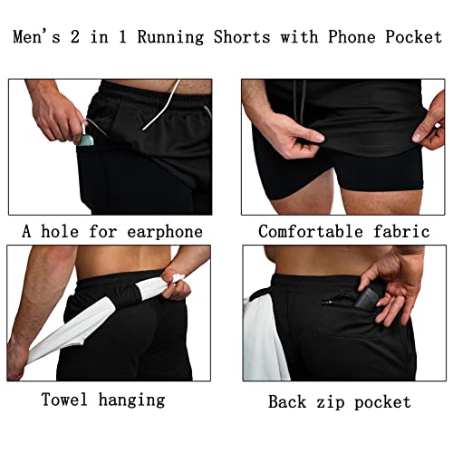 Men's 2 In 1 Workout Gym Running Shorts Athletic 7'' Dry Fit Mens Shorts Lightweight Short Pants With Compression Liner（Sobk Xs） Solid Black #TOP6