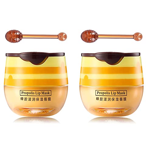 2PCS Bee Balm Honey Lip Balm,Exfoliating Honey Pot Lip Balm Sleeping Lip Mask with Brush, Hydrating & Prevention Dry and Cracked, Lip Scrubs Exfoliator & Moisturizer (Yellow)