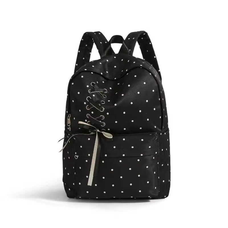 Women Casual Bag Polka Dot Print Versatile Travel Trip Backpack (Black)