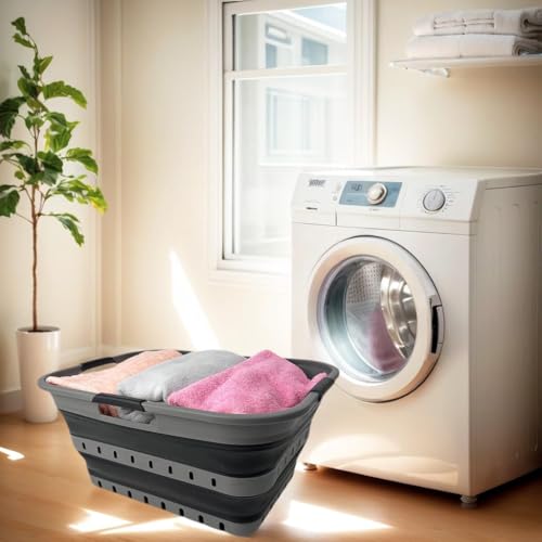 Image of SAMMART 42 (11 Gallons) Collapsible Plastic Laundry Basket, Foldable Pop Up Storage Container /Organizer, Space Saving Hamper, Portable Bin for Dorm Room Bathroom (1, Grey /Black)