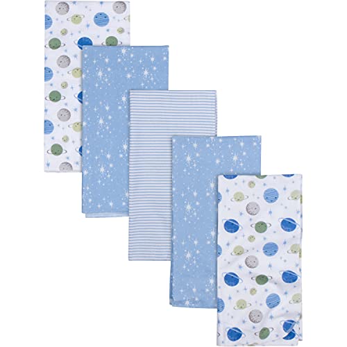 Image of Gerber Boys Newborn Infant Baby Toddler Nursery 100% Cotton Flannel Receiving Swaddle Blanket, Space Blue, Pack of 5
