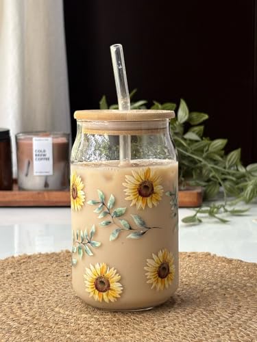 Image of THE UMBRELLA STORE Glass Tumbler Bamboo Lid and Straw, Coffee Tumbler, Reusable Glass (Sunflower)