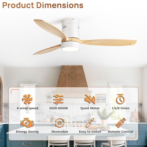 Sofucor 52 inch Wood Low Profile Ceiling Fans with Lights and Remote, Modern Flush Mount Quiet Ceiling Fan for Bedroom, Reversible DC Motor for Living Room/Farmhouse/Patio/Indoor/Outdoor(White+Wood) - Image 7