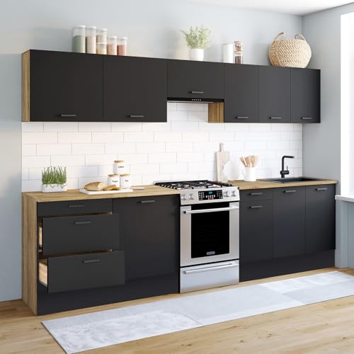 Miniatura 2 de Idmarket Cocina Completa, 300 Cm, Sutil Con Encimera, 9 Elementos, Madera Y Negro
