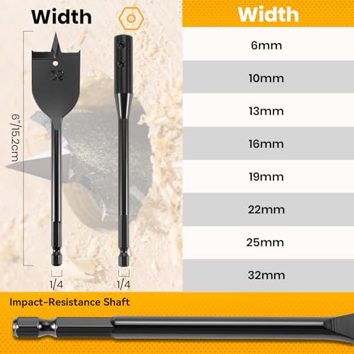 PINOZE 9-teiliges Flachbohrer-Set mit 15,2 cm Verlängerung, Spatenbohrer-Set Holz, 6 bis 32 mm, Schnellwechsel-Sechskantschaft (1/4 Zoll), inklusive Nylon-Aufbewahrungstasche