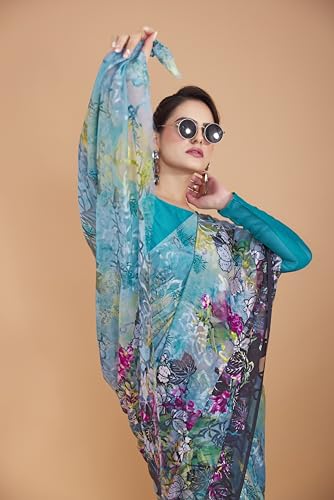 Image of Garden Vareli Summer Roganza Viscose Brasso Floral Print Saree with Unstitched Blouse Piece