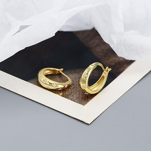 925 Sterling Silver CZ Star Chunky Small Hoop Earrings for Women Teen Sensitive Ear Dainty 14K Gold Plated Oval Crystal Stars Hypoallergenic Huggie Hoops Fashion Trendy Jewelry Christmas Gift3