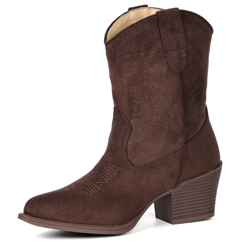 Image of IXU Cowboy Boots for Women Ankle Cowgirl Booties Wide Mid Calf Pointed Toe Western Boots Short Chunky Classic Booties