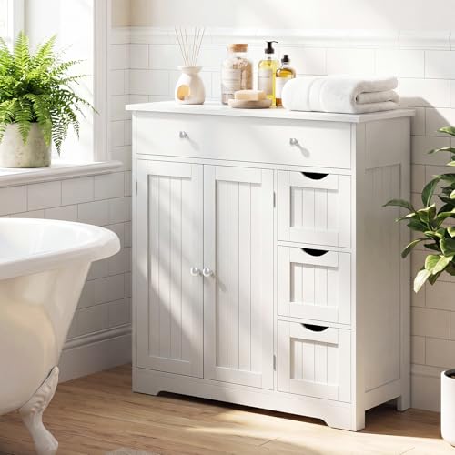 Image of Tangkula Bathroom Floor Cabinet, 4 Drawers, 2 Doors Cabinet (Off White)