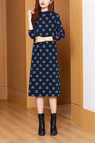 LAI MENG FIVE CATS Women's Fall Casual Long Sleeve Knitted Stretch Pullover Sweater Elegant Midi Dress3
