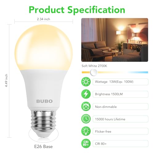 Image of BUBO A19 LED Light Bulbs, 100 Watt Equivalent LED Bulbs, Soft White 2700K, 1500 Lumens, E26 Standard Base, Non-Dimmable, 13W Soft White LED Bulbs for Bedroom Living Room Home Office, 24 Pack