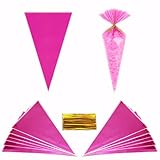 FAZHBARY 100 PCS Pink Cone Shaped Treat Bags Triangle Plastic Bag Popcorn Candy Bags for Party