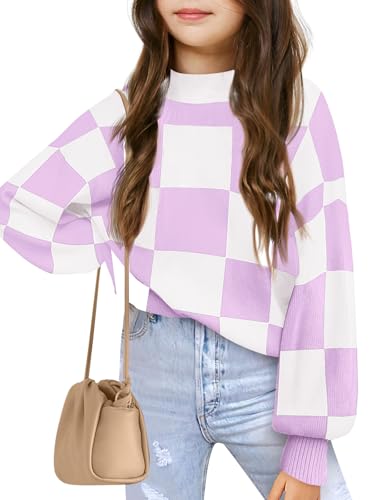 Image of Girls Sweaters Kids Fashion Plaid Mock Neck Pullover Sweater Tops 5-14 Years