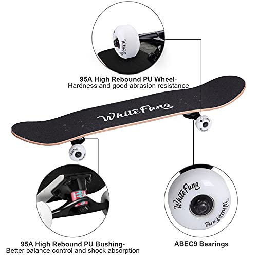 Image of WhiteFang Skateboards for Beginners, Complete Skateboard 31 x 7.88, 7 Layer Canadian Maple Double Kick Concave Standard and Tricks Skateboards for Kids and Beginners