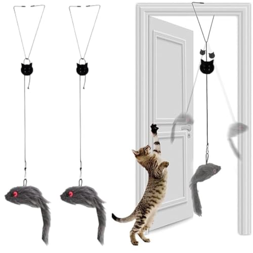 4 Piezas Juguete para gatos, juguete interactivo para gatos, sonido realista, ratón de peluche realista, para marco de puerta, sin baterías, cola de ratón con plumas