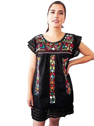 Vestido Artesanal Mexicano Bordado A Mano Típico Con Encaje Negro (M)