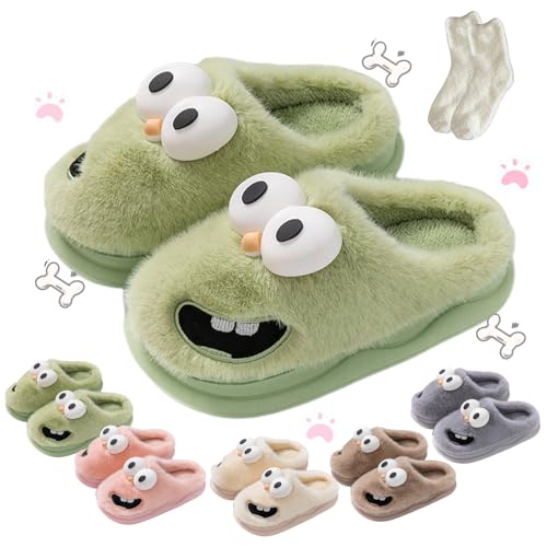 Image of Kissing Slippers for Women Men, Non-Slip 3D Big Eye Showing Teeth Dog Couples Soulmate Slippers, Cute Winter Cartoon Plush Cotton Slipper, Soft Warm Lightweight and Comfortable Slippers for Indoor and Outdoor (Green, Standard, Adult, Women, 5.5, Numeric Range, US Footwear Size System, 6, Medium)