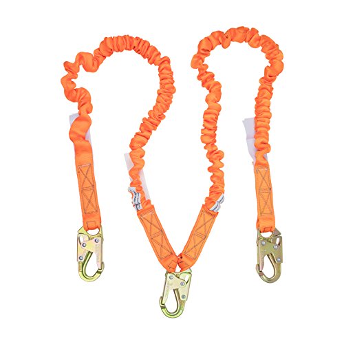 Image of Malta Dynamics 4.5' to 6' Double Leg Stretch Internal Shock Absorbing Lanyard with 3 Steel Snap Hooks, Lightweight and Durable, OSHA and ANSI Compliant