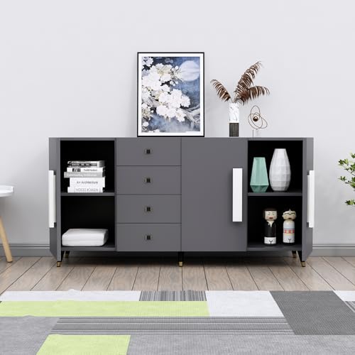 Image of Bniture Storage Cabinet Wooden for Living Room Sideboard with 4 Drawer and 3 Door | Multipurpose Storage Organizer Chest of Drawer Cabinet for Home Hallway Drawing Room Bedroom Kitchen | Slate Grey