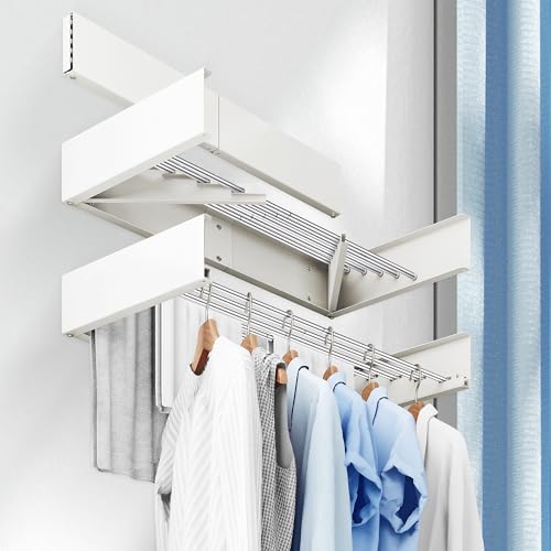 BOQORAD Clothes Drying Rack Wall Mounted 32“,Drying Rack Clothing Wall Mount,Laundry Drying Rack,Wall Mounted Clothes Hanging Rack (White)