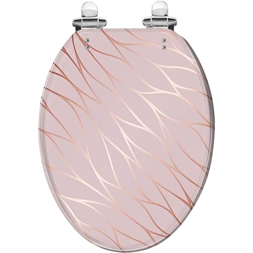 Elongated Toilet Seat Rose gold pattern Marble imitation rose gold Rose marble Resin Toilet Seat with Quietly Close Quick Release Hinges Decorative Toilet Seat with Cover Easy to Install