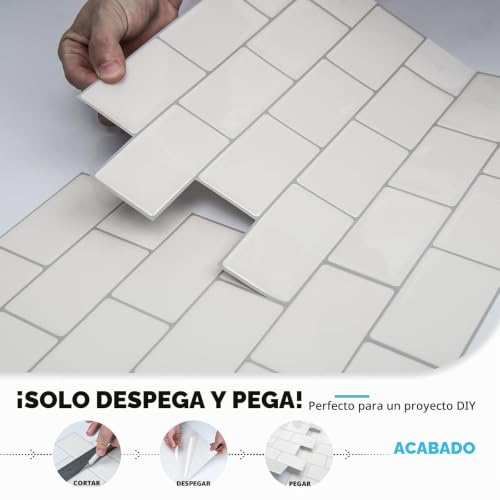 Miniatura 7 de Art3d - Azulejos Del Subterráneo De Láminas De Vinilo Adhesivo, Color Blanco Brillante Con Lechada Gris, 30 X 30 Cm, Despegar Y Pegar, 10 Unidades