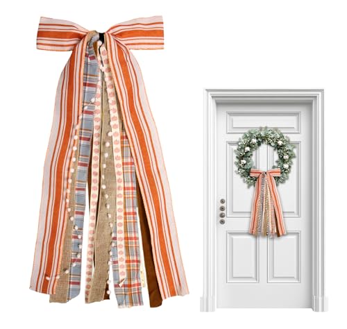 Vickasi Fall Orange Stripes Wreath Bows for Front Door, Pumpkin Lace Ribbon Bowknot Holiday Bows Accessories for Wreath Thanksgiving Decorations