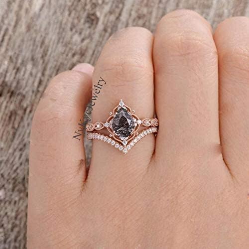 Black Rutilated Quartz Engagement Ring Set for Women, Vintage Art Deco Wedding Ring Set, Gothic Black Stone Bridal Ring, Unique Promise Ring, Rose Gold Statement Anniversary Jewelry Gift