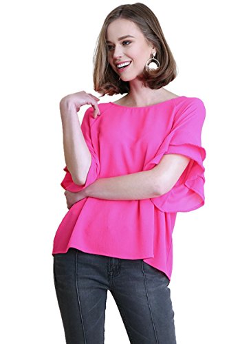 Umgee Women's Bohemian Layered Ruffle Sleeve Blouse Tunic Top (Small, Hot Pink) #TOP5
